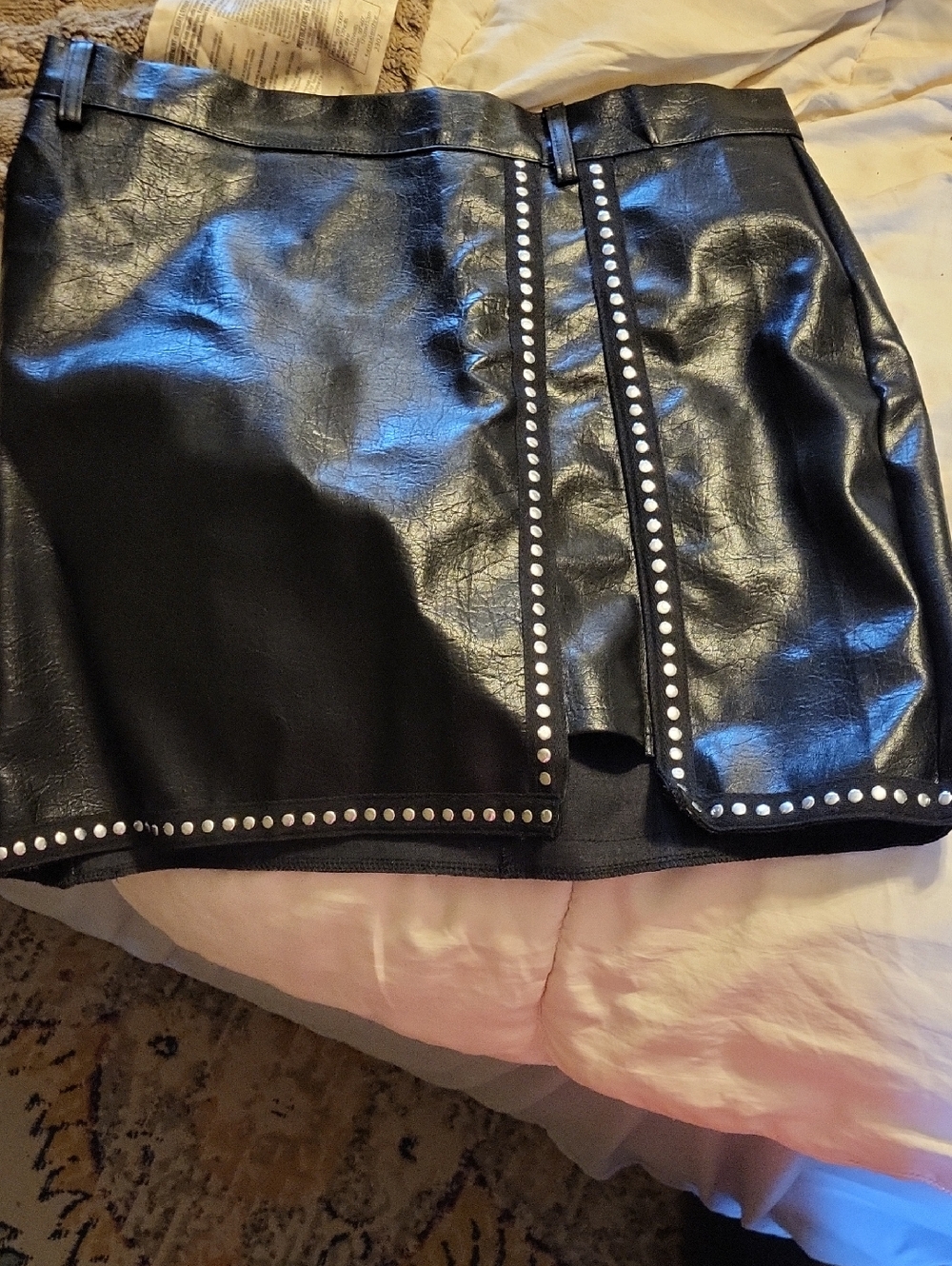 SHEIN Black Faux Leather Mini Skirt with Stud Trim